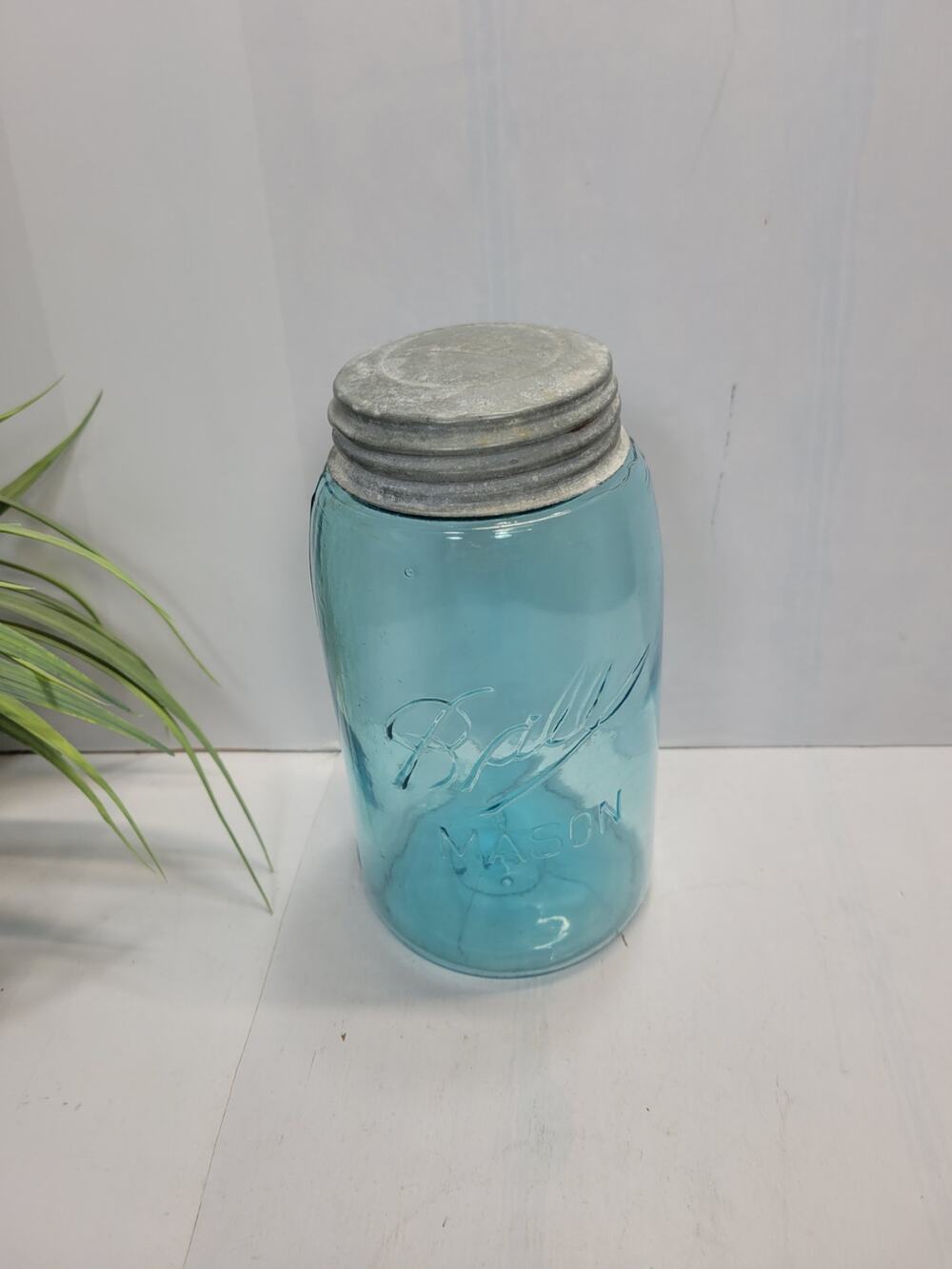 Antique Ball Jar Blue Quart 3 Loop Triple L Logo Slope Shoulder Zinc Lid